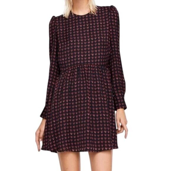 Zara Mini Dress Size Medium A Line Babydoll Black Red Long Sleeve Heart Print - Picture 1 of 10